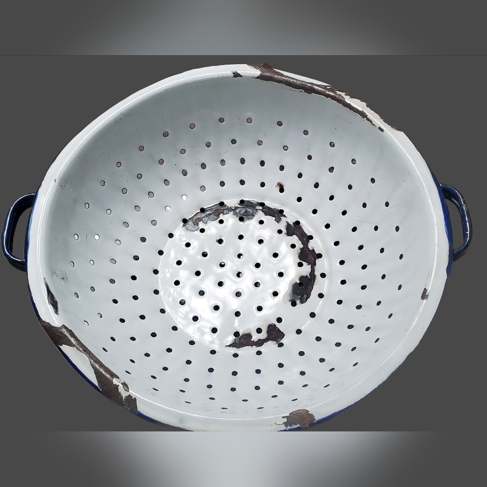 White and Blue Enamelware Colander, Vintage Colander with blue handles